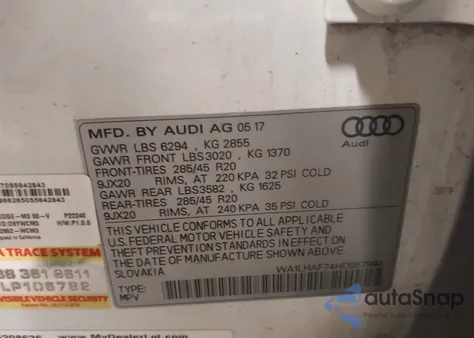 2017 Audi Q7 2.0T Premium from USA, damaged, VIN WA1LHAF74HD057994